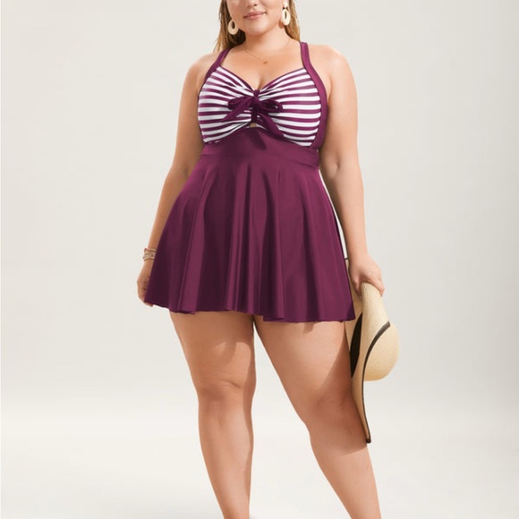 BloomChic Burgundy and White Striped Swim Dress - Picture 4 of 9